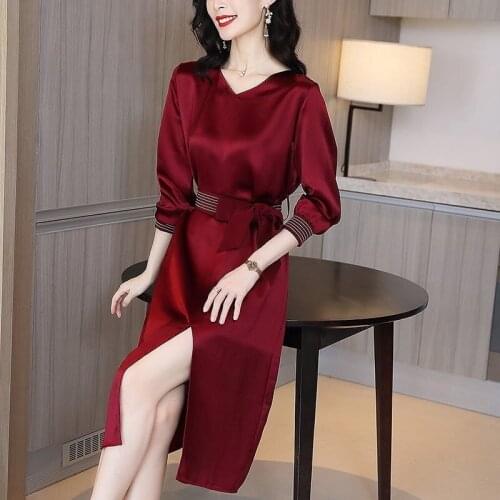 Summer New Womens Party Red Office Dress Elegant Korean Fashion Slim High Waist Pleated Mid Length Solid Color Ladies Dresses