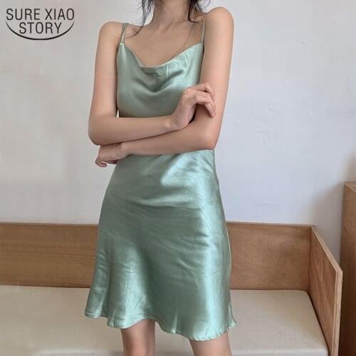 2021 New Korean Style Summer Dress Fashion Suspender Dress Women Silk Sling Mini Dresses Vestido Black Green Robe 14583