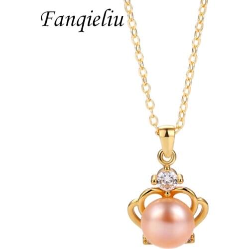 Fanqieliu Gold Color Crystal Pink Freshwater Pearl Jewelry Vintage Crown 925 Sterling Silver Pendant Necklace For Women FQL21170