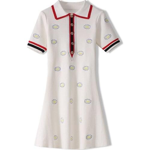 Luxury Jacquard Women Turn Down Collar Bees Embroidery Knitted Dresses Button Short Sleeve Runway Embroidery Ladies Shirts Dress