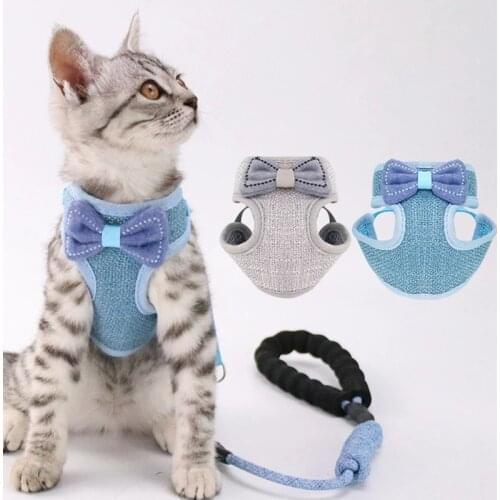 Cat Dog Adjustable Harness Vest Walking Cute Bow Lead Leash For Puppy Dogs Cat Collar Mesh Harness For Small Medium Dog Cat Pet