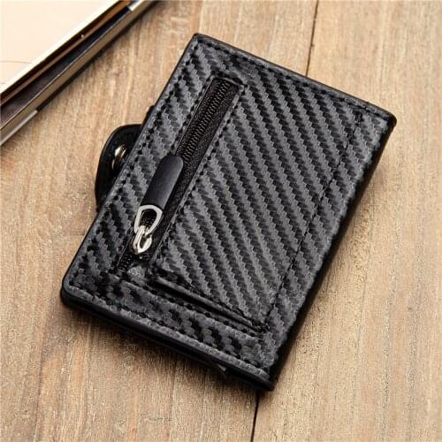 BISI GORO Carbon Black Cover Button Smart Wallet Coin Safety RFID Fashion New PU Aluminum Anti-theft Credit Card Holder Purse