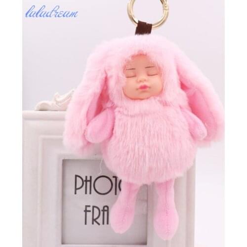 Big Size Sleeping Baby Doll Keychain Rabbit Ear Pompom Plush toy key chain Car decorate