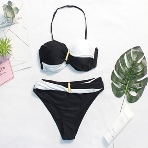 Black White Push Up Bikini Cross Stripe Women Swimwear Swimsuit Halter Top Print Maillot De Bain Biquini Bathing Suits Trikini