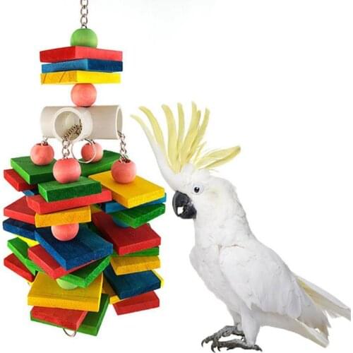 Wood Bird Parrot Hanging Building Blocks Bite String Chew Toy Cage Decor Colorful Crowded Square Piece Bite Resistant Pendant
