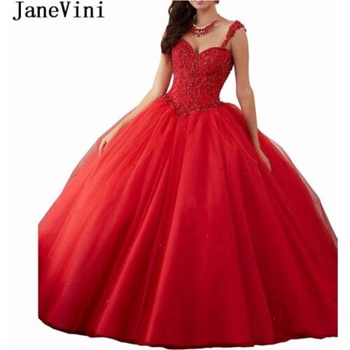 JaneVini Elegant Ball Gown Red Quinceanera Dresses Spaghetti Straps Luxury Heavy Beaded Backless Puffy Tulle Long Sweet 16 Dress