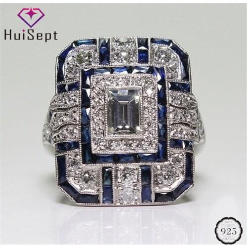 HuiSept Trendy Women Ring 925 Silver Jewelry Geometric Shape Sapphire Zircon Gemstone Rings for Wedding Party Ornament Wholesale