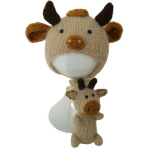Cow Bonnet Photography props Baby Boy Animal Cow Hat Toy Set Knitted Animal Bonnet Newborn Photography Props
