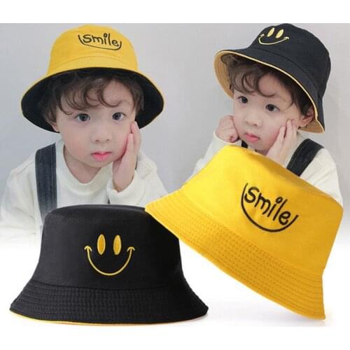 Summer Cotton Double Sided Letter Kids Bucket Hat Boy Girl Outdoor Panama Child Baby Bob Fisherman Hat Travel Yellow Fishing Cap