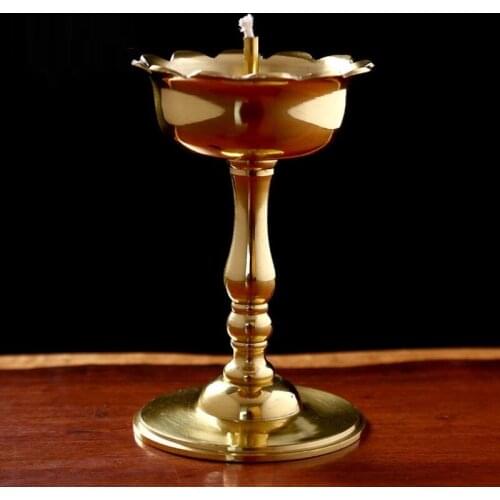 Pure copper oil lamp high foot lotus copper Candlestick oil lamp Buddhist supplies Candle Holders Religious Activities