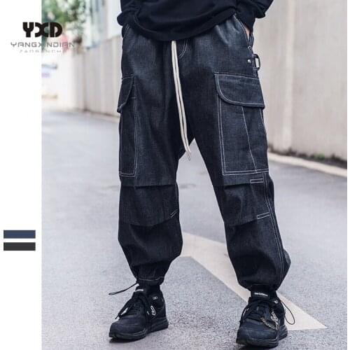Mens Clothing Men Streetwear Cotton Loose Radish Trousers For Man Cargo Pants Male Hit Color Line Harajuku Joggers Harem Jeans