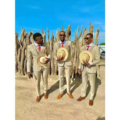 Men Suit Plaid Square Wedding Suits Slim Fit 3 Pieces Tuxedo Groom Groomsman best man Business blazer suit in stock with pant