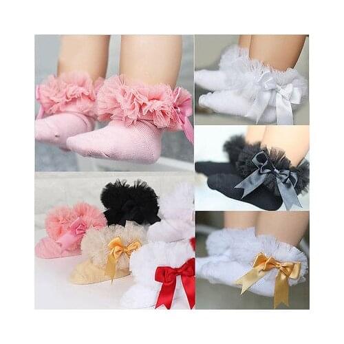 New Infant Toddler Baby Girls Kids Princess Bowknot Lace Short Socks Cotton Ruffle Frilly Trim Ankle Socks 2-6Y