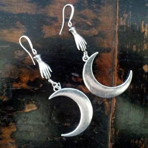 Goth Moon Phantom Hands Silver Plated Crescent Moon Earrings Big Crescent Moon Witch Gothic Goddess Magic