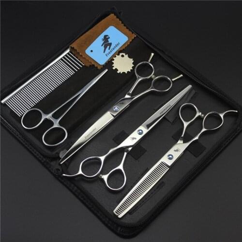 Professional Silver 7 inch Dog Pet Grooming Tools Scissors Left Handed Pets Shears Set Cutting+Curved+Thinning+Steel Comb+Bag