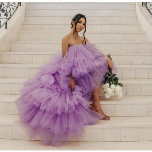 Chic Lavender Tulle High Low Women Dresses Strapless Tiered Tulle Ruffles Mesh Dress For Party Birthday Photo Shoot Tulle Dress
