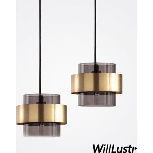 Modern Luxury Glass Pendant Lamp Amber Smoke Copper Color Hotel Cafe Bar Dinning Room Bedside Iron Suspension Hanging Lighting