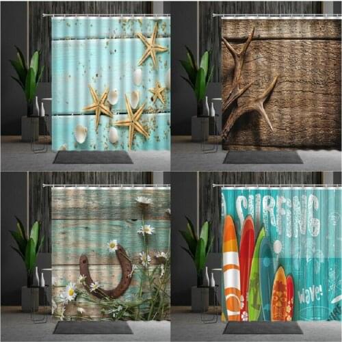Old Fashioned Wood Grain Shower Curtains Hooks Starfish Shell Surfboard Anchor Bathroom Decor Waterproof Screen Hanging Curtain