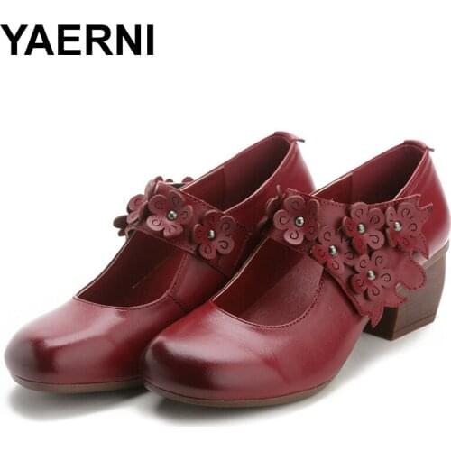YAERNI Original Hollow Cowhide Flower Women Fashion Shoes Mid Heels 2020 New Pumps Women Shoes Elegant Genuine Leather Shoes