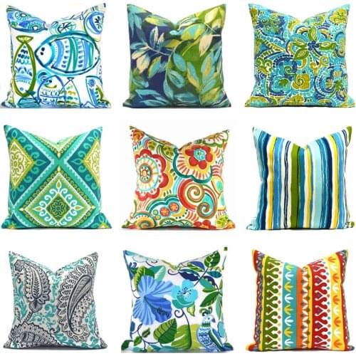 Green Blue Cushion Cover Summer Polyester Floral Fish Print Decorative Pillow Case for Sofa Home Decor Geometric Throw Plillows