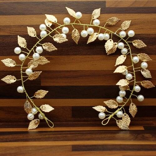 FirstStar Handmade Bridal Hair Accessories Wedding Gold Leaf Tiara And Crown Headpiece For Pearl Women Hair Band Bride Headband