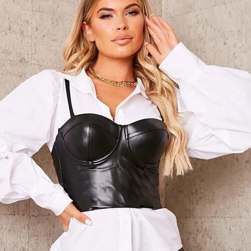 Woman Faux Leather Camis Sexy Solid Color Strap V-neck Backless Slim Waistcoat Crop Tops Fashion Lady Black PU Vest Autumn