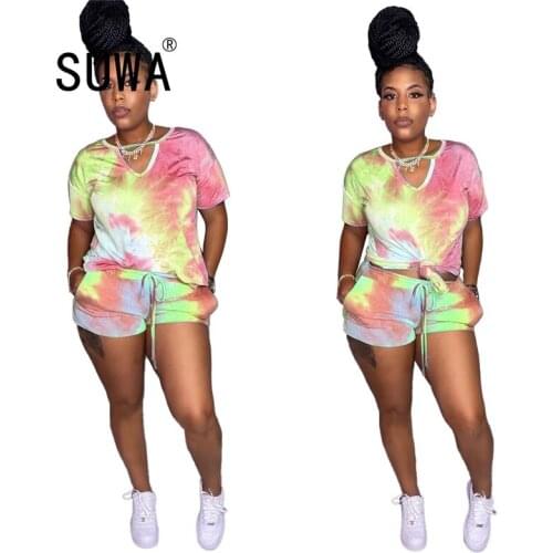 Workout sporty summer outfits for women tie dye patchwork t-shirt top + casual shorts lounge fitness wear streetwear