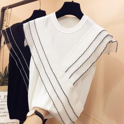 Three-layer Ruffles Chiffon Patchwork Ice Silk Knitted Sweater Women Korean O-neck Thin Pullover Black White Tops Summer 2021