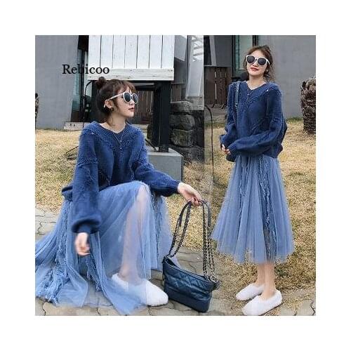 Women Elegant Pullover Sweater + Pleated Skirt 2 Piece Set Female Knitted Tops and Mesh Skirt Slim Suit Spring Autumn
