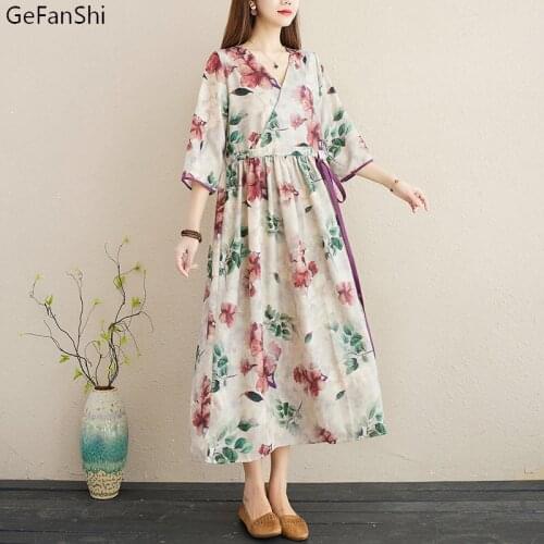 2021 New Summer Short Sleeve Plus Size Cotton Linen Fashion Floral V-neck Women Casual Loose Dress Elegant Ladies Dresses