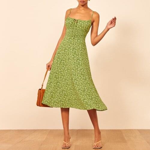 Vintage Floral Print Chiffon Dresses For Women Summer Dress Spaghetti Strap Sleeveless Smocked Elastic Waist Midi Dress Sundress