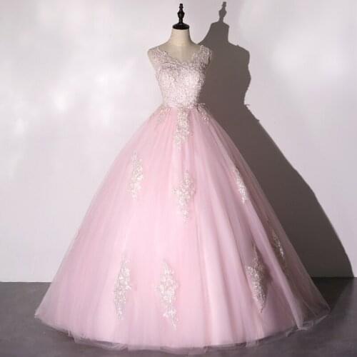 Sleeveless Pink Quinceanera Dress 2021 Elegant V-neck Floor-length Party Prom Ball Gown Sweet Floral Print Quinceanera Dresses