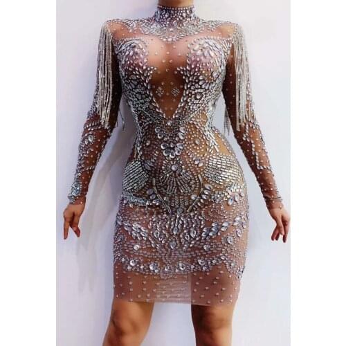 2020 New Women brown beading round neck long sleeve dress Bodycon Vestidos Celebrity evening Party Dress dropshipping