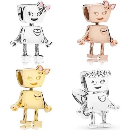4 Options Robot Girl Silver 925 Original Charm Beads for Jewelry Making Rose Golden Shine Design Beads for Chain Bracelets DIY