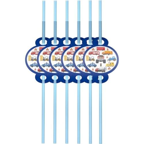 6pcs Cartoon Cars Disposable Straws For Kids Birthday Party Construction Vehicle Disposable Tableware Straw Party Supplies