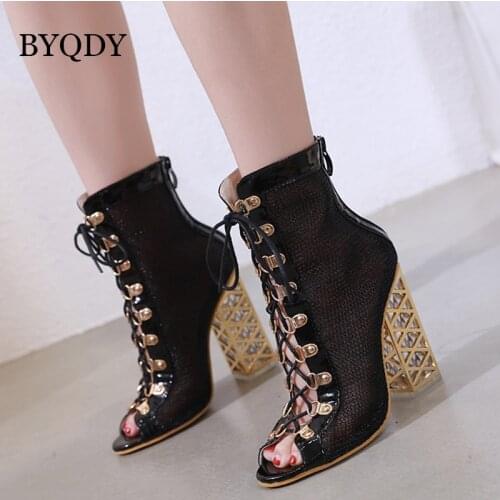 BYQDY 2021 New Summer Sandal Sexy Golden Bling Gladiator Sandals Women Pumps Shoes Lace-Up High Heels Sandals Boots Gold 42 43