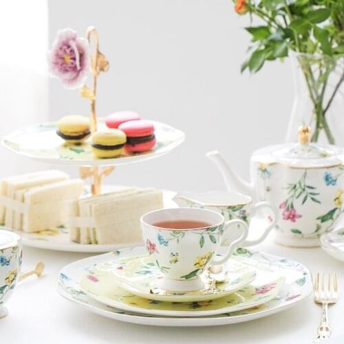 Tea Set Garden Teapot Milk Jar Sugar Container Teacup Saucer Dinner Plates Party Teaware Set Dessert Plates Family Teaware Sets