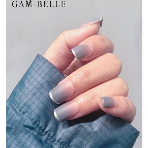 GAM-BELLE 24Pcs Matte Gradient Blue Fake Nails French Square Full Cover Artificial Press On Nails Decoration DIY Manicure Tool