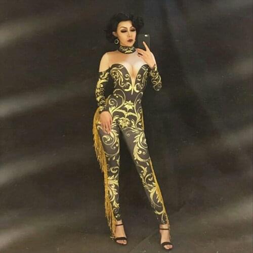 Glisten Crystals Printed Jumpsuit Sexy Tassel Leggings Costume Dance Performance Wear Nightclub Female Singer Stage Show Clothes