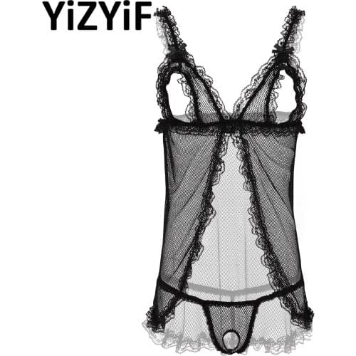 Mens Fishnet Lingerie Set 2Pcs See-Though Pajamas Nightwear Pouch Panties G-string Briefs Set