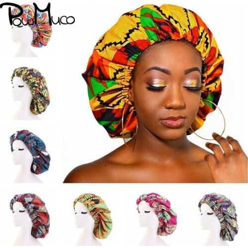 Powmuco Fashion Extra Large Shower Cap for Women Elastic Wide Side Turban Nightcap Women Satin Sleeping Hat Hair Care Gift