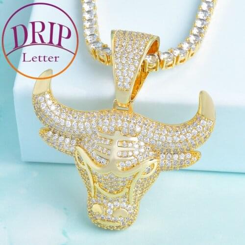 Animal Cow Pendant Free 3mm Rope Chain Gold Color Cubic Zircon Mens Hip Hop Rock Necklace Jewelry