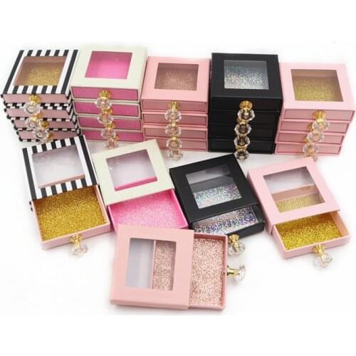 Newes 50/100pcs Crystal pull with handle Packing Box for 25mm long EyeLash Wholesale Bulk Cheap Pretty Lashes Storage Packaging