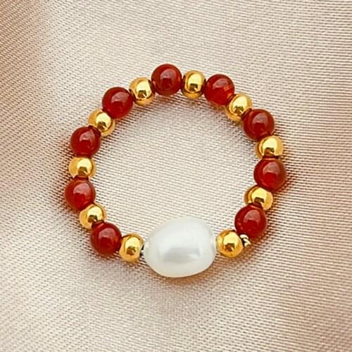 Luxury Garnet Beaded Rings for Women Handmade Wedding Party Jewelry Stainless Steel Bead Freshwater Pearl Ring New Wholesale