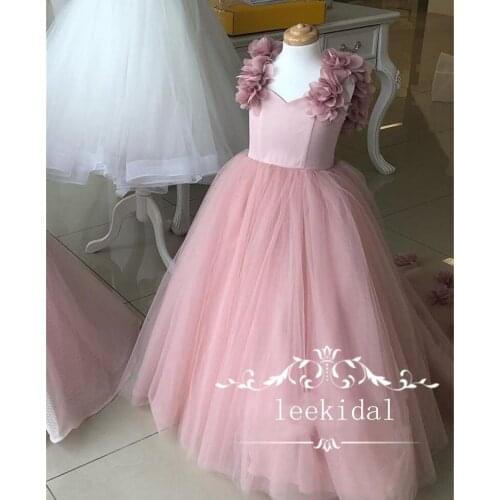 Blush Pink Flower Girls Dresses A Line Hand Made Flowers Princess Girls Birthday Party Gowns First Communion Pageant Girls Dress