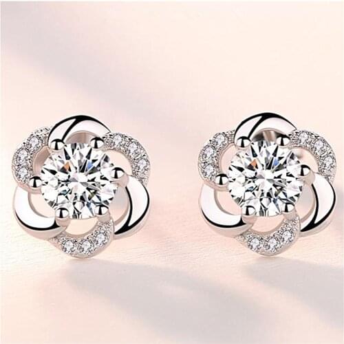 Ekopdee 2021 Trendy Silver Color Zircon Stud Earrings For Women Fashion Elegant Flower Earring Wedding Jewelry Valentine Gift