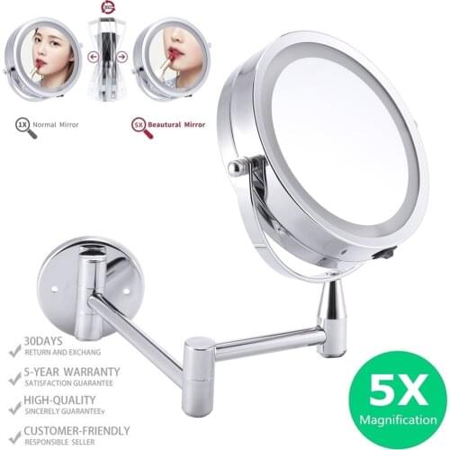LED Wall Mounted Makeup Mirror, 5.9" Diameter 1X/5X Magnifying 360 Rotatable illuminated Extendable Double-Sided Swivel Mirror