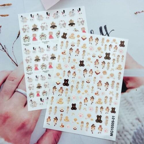 3d DIY Japanese Style Thin Light Traceless Nail Stickers Little Girls& Bears Nail Decoration for Women Manicure Dry Nail Decals