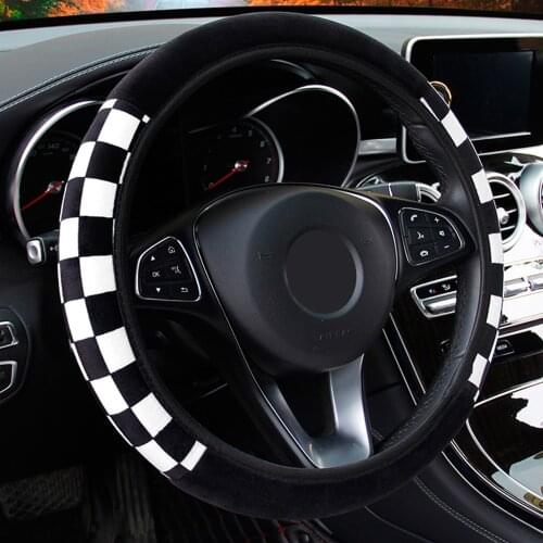 Car Steering Wheel Covers Protector Plush Fabric Grid Pattern Auto Accessories Decoration Interior Elastic for Diameter 36-39cm
