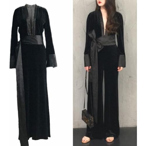 Party Jumpsuits for Women 2021 Sexy V Neck Long Sleeve Black Gold Velvet Jumpsuit Bandage Wide Leg Long Trousers Female Overalls